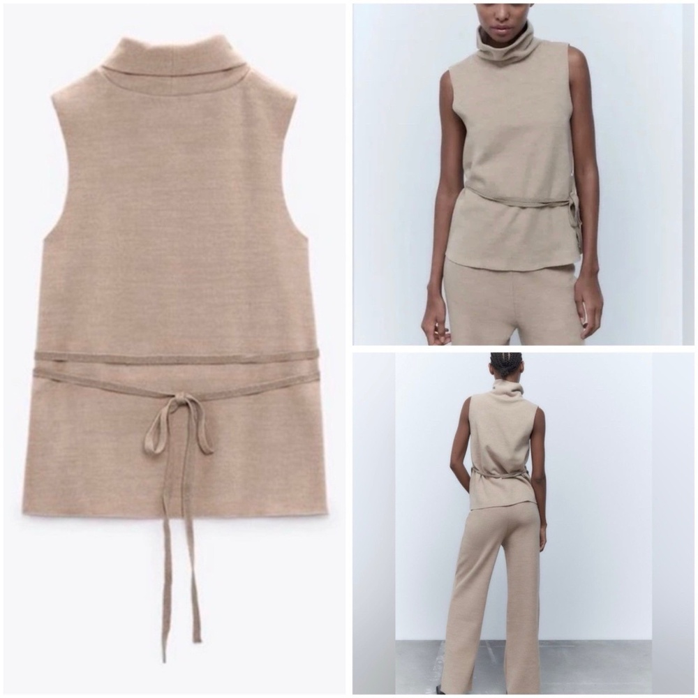 Zara Size L Tan Soft Tie Waist Turtleneck Sweater Vest Sleeveless Top NWT